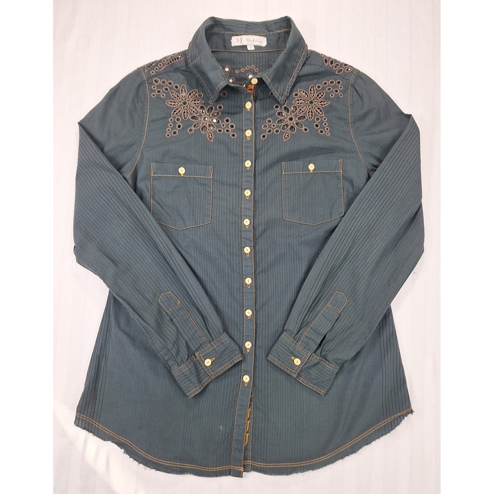3J Workshop Johnny Was Pinstripe Eyelet Embroidered Button Down Shirt Small